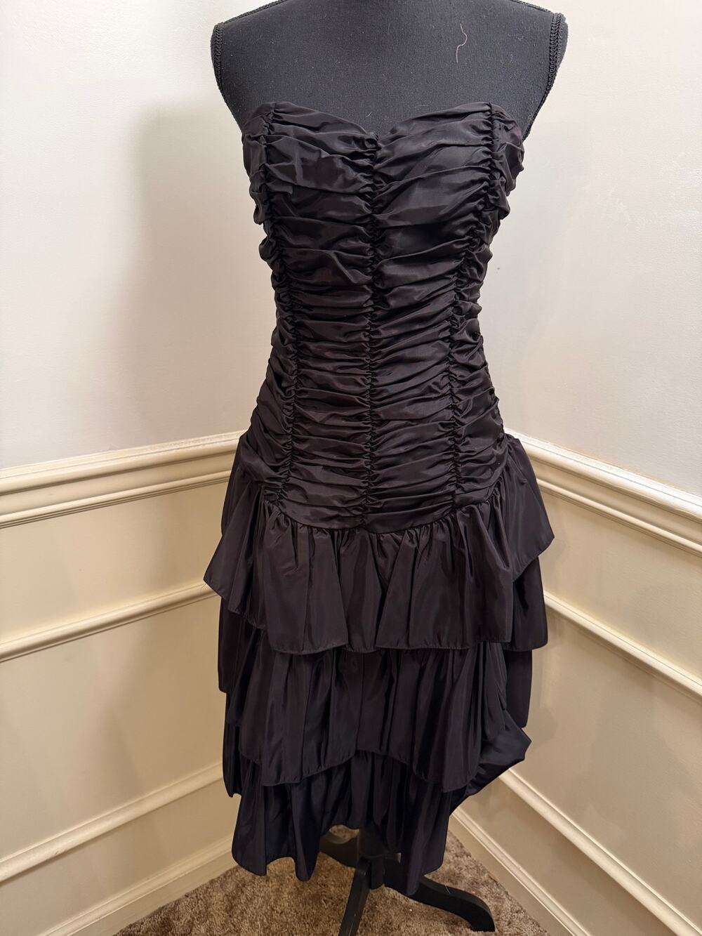 Vintage Ruched Strapless Prom Dress Union Made Acetate Tiered Ruffle Drop Waist